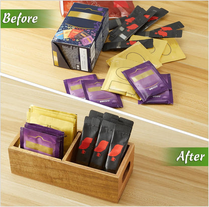 DRASTAR Tea Bag Organizer, Acacia Tea Bag Holder, Tea Storage Containers with 3 Slots, Wooden Tea Storage Accessories, Mini Tea Bag Caddy Box for Countertop