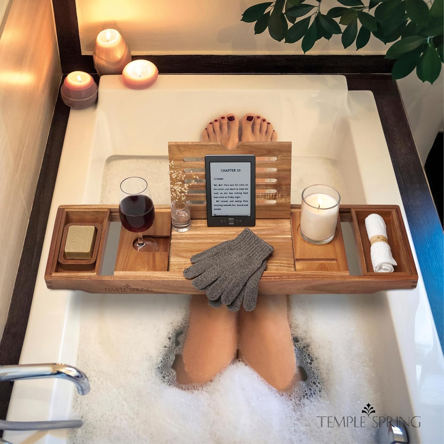 Temple Spring Bamboo Bathtub Tray Caddy for Tub — Expandable Wood Bath Tray with Solid Book Stand Wine Holder and Non-Slip Pads — Includes Bamboo Soap Dish and Spa Accessories — Luxury Bath Gift Set