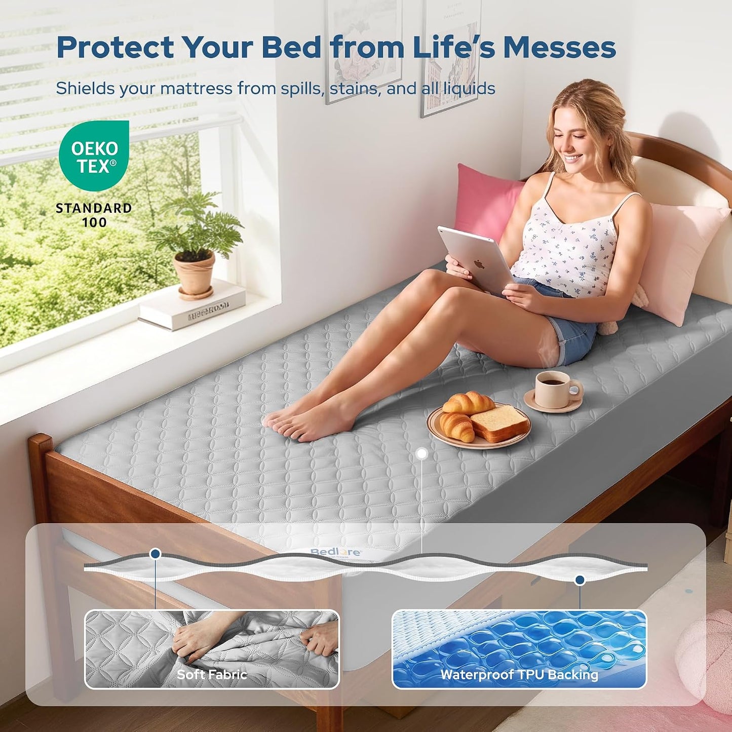2 Pack Waterproof Mattress Protector, Queen Size Mattress Pad Noiseless with Deep Pocket Fitted for 6"-18", Soft Breathable Dirt-Proof Bed Mattress Cover Washable for Home, Bedroom, Hotel (Gray)