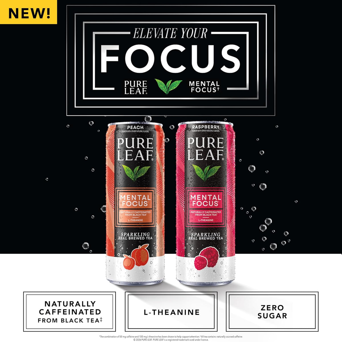 Pure Leaf Mental Focus Sparkling Real Brewed Iced Tea, Raspberry, 12 fl oz Cans, Caffeine, L Theanine, Zero Sugar, Zero Calories