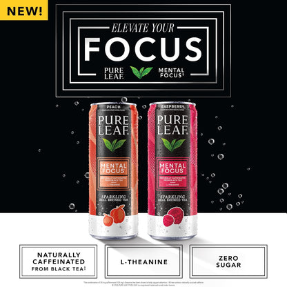 Pure Leaf Mental Focus Sparkling Real Brewed Iced Tea, Raspberry, 12 fl oz Cans, Caffeine, L Theanine, Zero Sugar, Zero Calories
