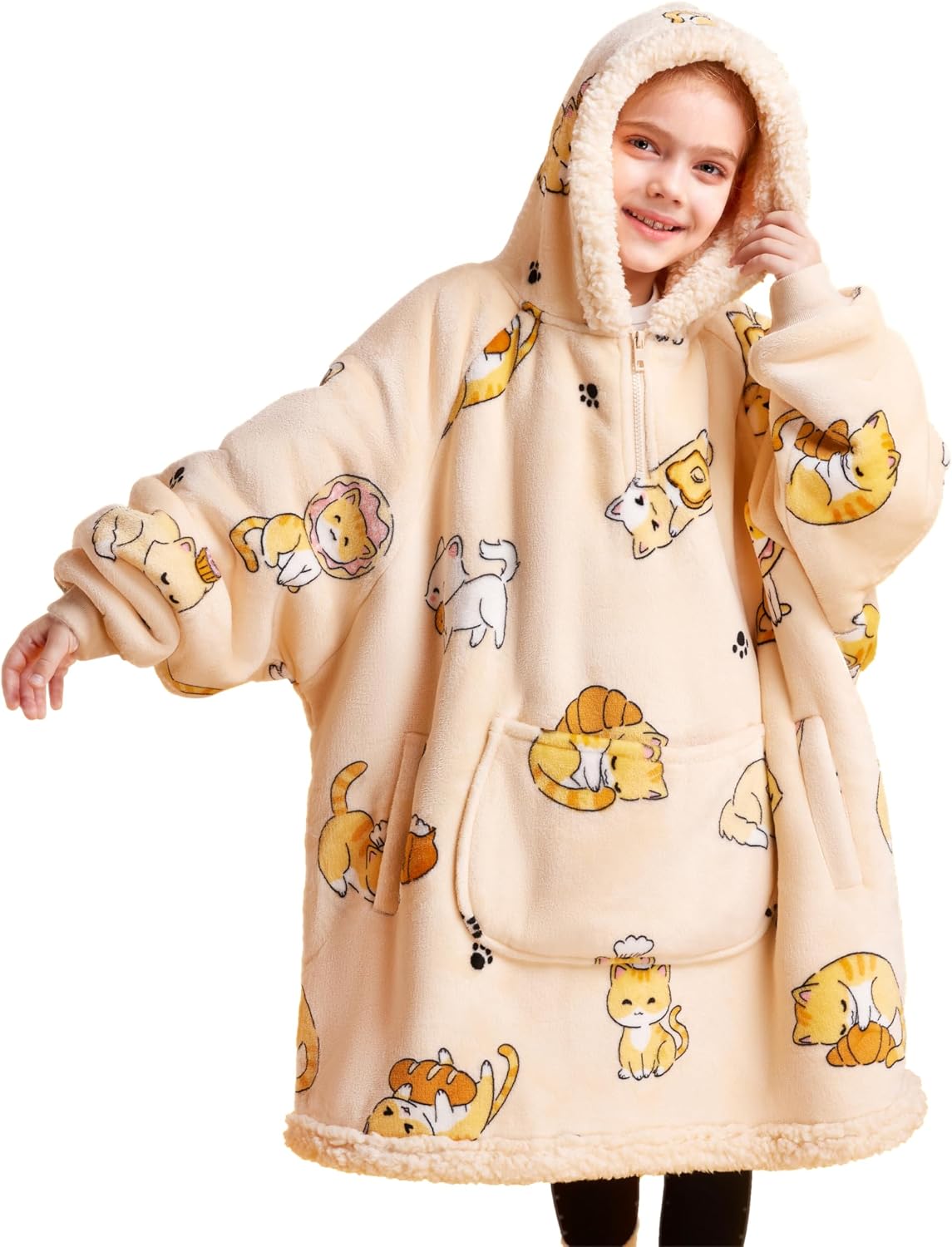 Giggling Getup Wearable Blanket Hoodie for Adults Gifts for Teen Girls Sister Women Sherpa Fleece Printed Hooded Blanket Sweatshirt Warm Cozy with Pocket & Sleeves Beige Cat