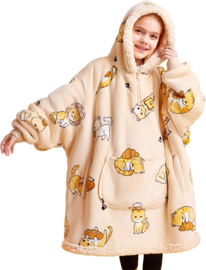 Giggling Getup Wearable Blanket Hoodie for Adults Gifts for Teen Girls Sister Women Sherpa Fleece Printed Hooded Blanket Sweatshirt Warm Cozy with Pocket & Sleeves Beige Cat