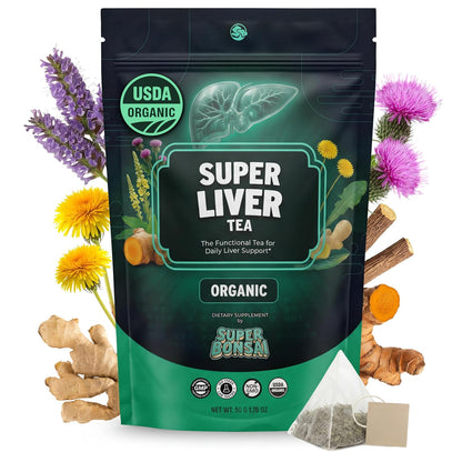 SuperBonsai Organic Liver Detox Tea – Dandelion Root & Milk Thistle Herbal Tea for Liver Support, Digestive Detox & Cleanse – Turmeric, Ginger & Nettle Botanical Blend – 20 Organic Tea Bags