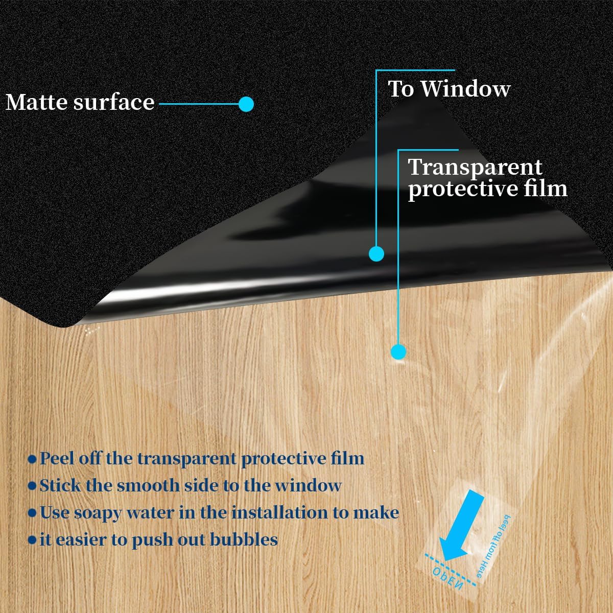 Bloss Blackout Window Film Privacy, 100% Sun Blocking Privacy Film for Glass, Removable Room Darkening Black Out Window Tint, Static Cling Frosted Glass Film (Black/Matte, 17.7" x 78.7")