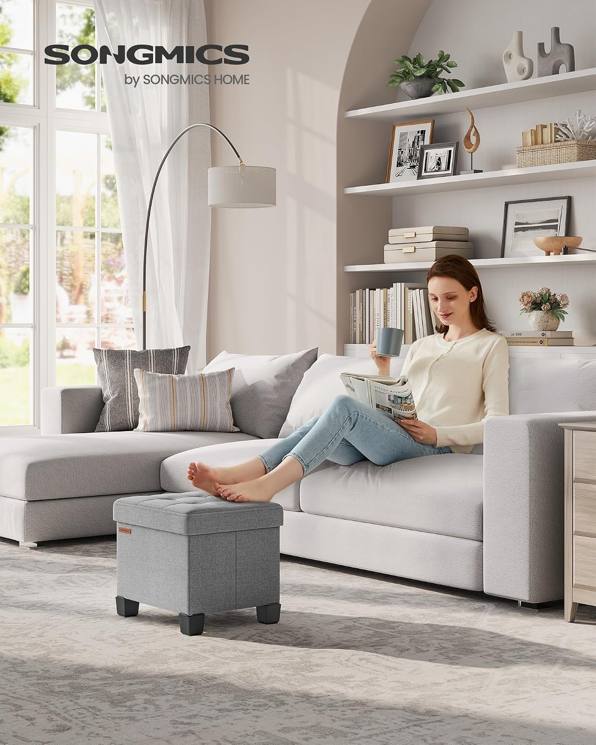 SONGMICS Storage Ottoman, Small Ottoman Foot Rest with Legs, 12.6 x 15.7 x 13.2 Inches Foot Stool, Load up to 660 lb, for Living Room, Bedroom, Dorm, Slate Gray ULSF012G01