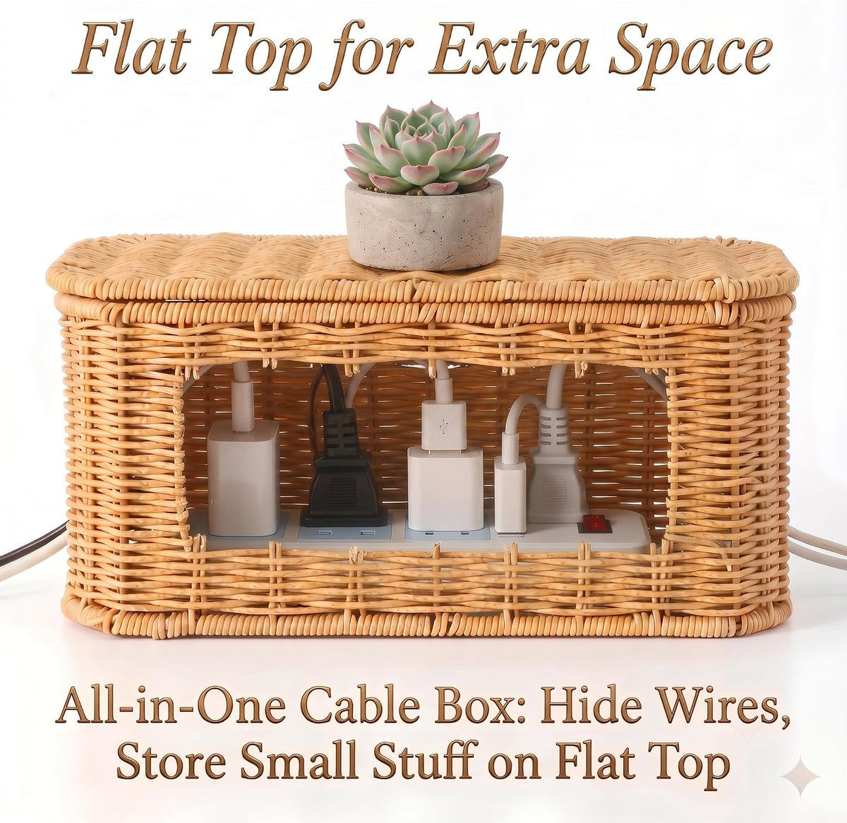 Rattan Cable Management Box, Cord Organizer to Hide Cords & Power Strip