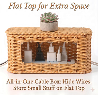 Rattan Cable Management Box, Cord Organizer to Hide Cords & Power Strip