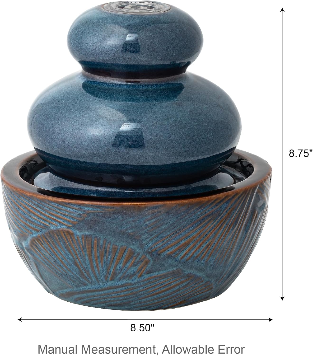Glitzhome Ceramic Tabletop Tiered Water Fountain with Pump and LED Light 8.75'' Turquoise Leaf Textured Water Fountain Zen Decor for Indoor and Home Decoration Table Desk Office Patio