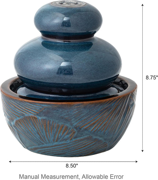 Glitzhome Ceramic Tabletop Tiered Water Fountain with Pump and LED Light 8.75'' Turquoise Leaf Textured Water Fountain Zen Decor for Indoor and Home Decoration Table Desk Office Patio