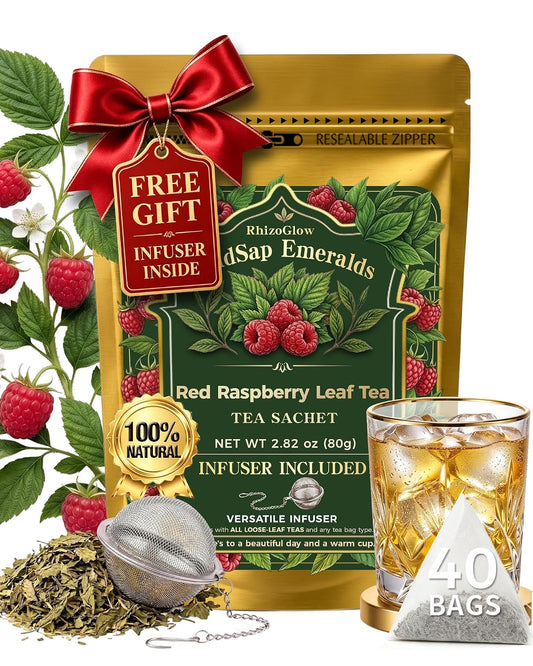 WildSap Emeralds Red Raspberry Leaf Tea, 40 Corn Fiber Bags & Infuser