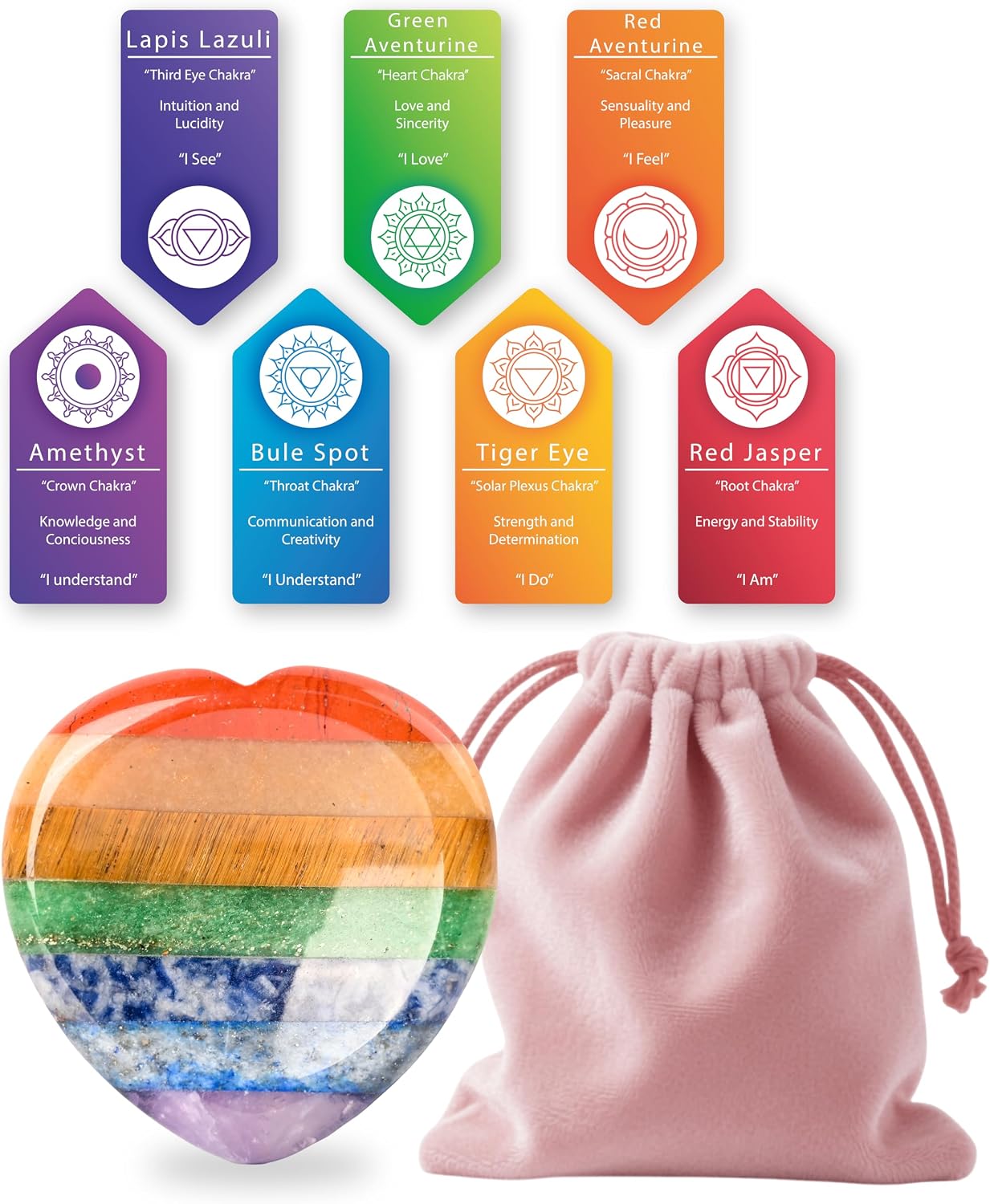 Gemstone Worry Stone, Chakras Worry Stone for Anxiety, Hand Carved Natural Pocket Palm Stones Water Drop Shape 7 Chakra Crystals and Healing Stones for Yoga Meditation 1.7"