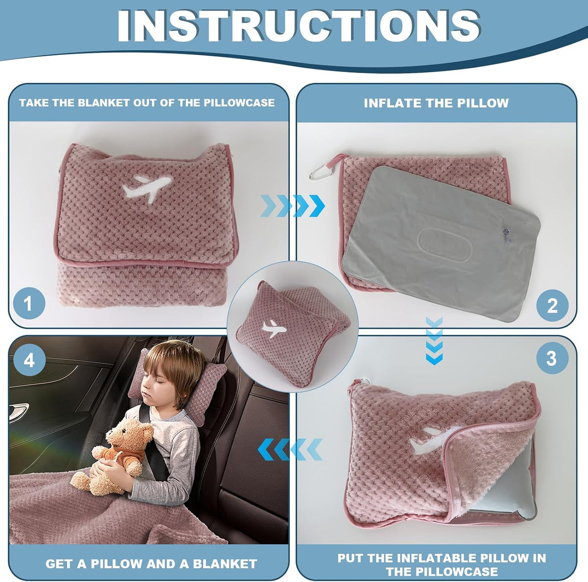 Travel Blanket Airplane Compact with Bag, Travel Essentials 3 in 1 Packable Airplane Blanket, Travel Pillow and Blanket Set, Inflatable Pillow, Luggage Sleeve & Backpack Clip (Light Grey)