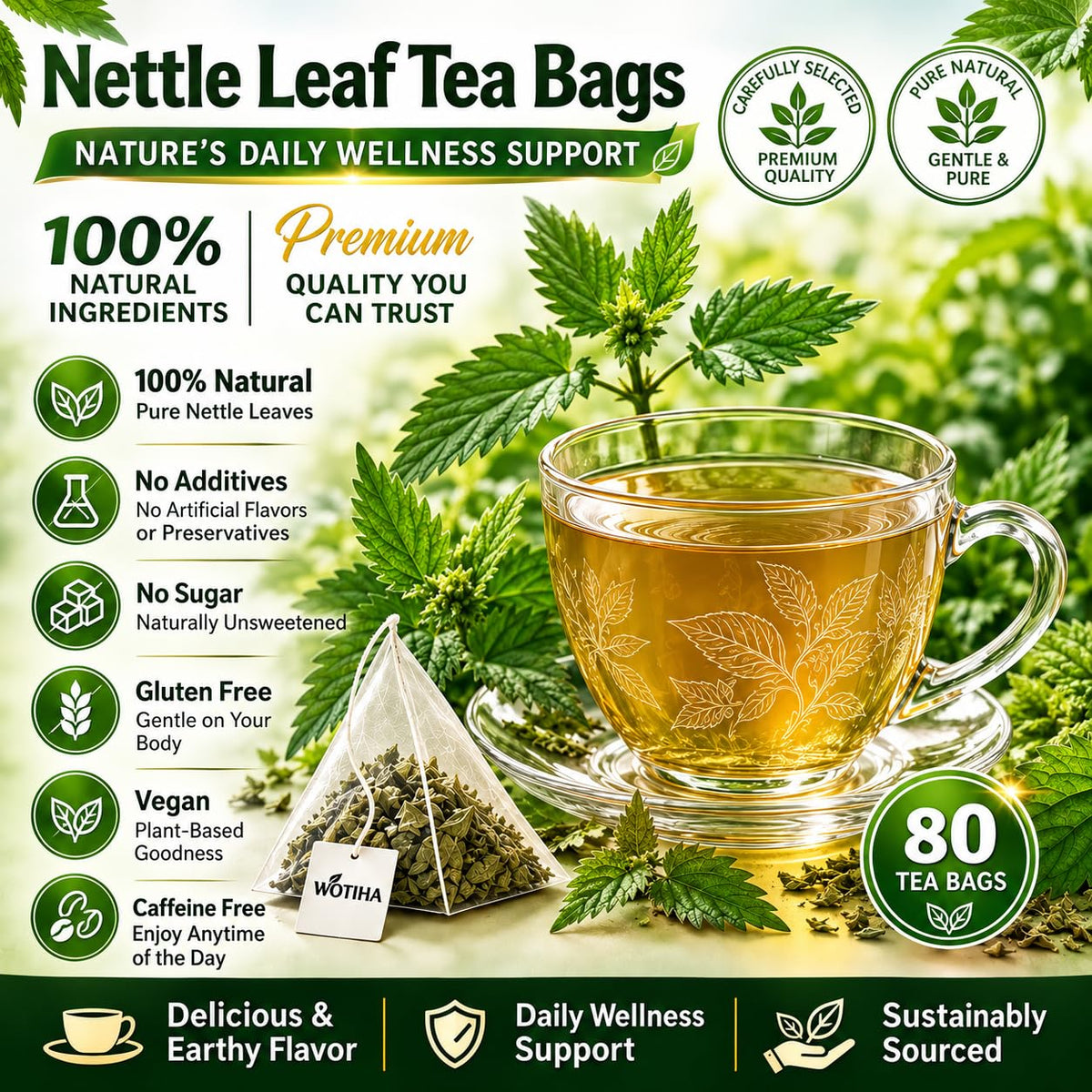 WOTIHA Stinging Nettle Leaf Tea Bags, 80 Count, Caffeine-Free Herbal Tea