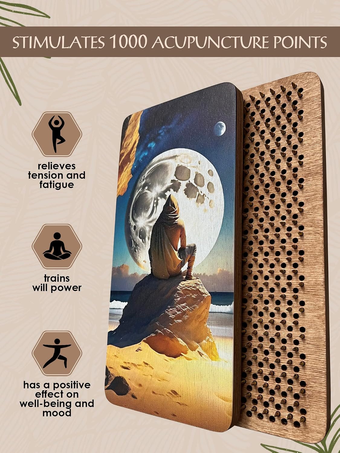 Sadhu board, Wooden Yoga Board for Acupressure and Meditation with Nails for Deep Tissue Massage, Acupuncture Massage, Nails Distance 0.39 In (10 mm)