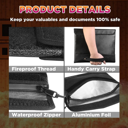 Fireproof Money Bag 2 Pack, Waterproof Document Pouch for Cash & Passport
