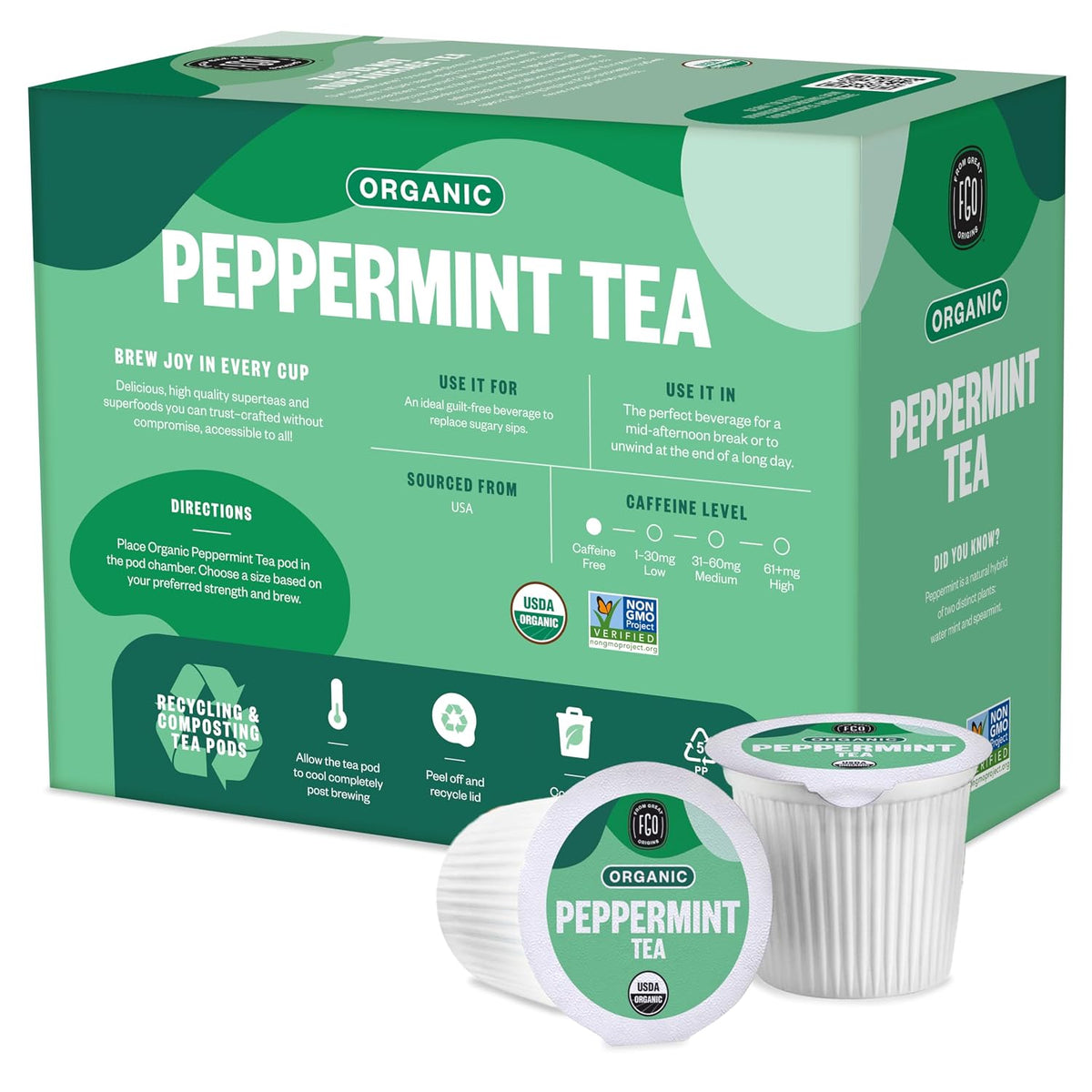 FGO Organic Peppermint Tea K-Cup Pods for Keurig, 24 Count (Pack of 1), Naturally Caffeine-Free Herbal Tea, USDA Organic, Non-GMO, & Recyclable