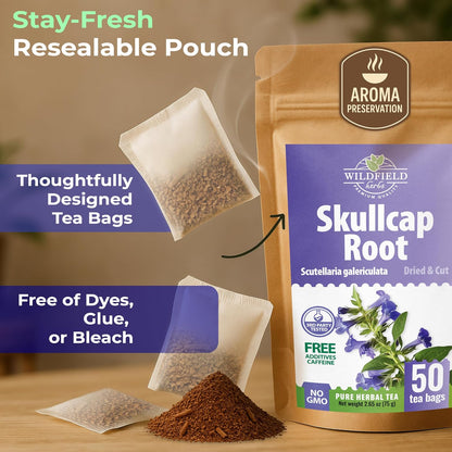 50 Bags Skullcap Herbal Tea (Scutellaria) – 50 Tea Bags 1.5g Skullcap Herb Escutelaria