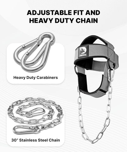DMoose Fitness Neck Harness for Weight Lifting - Soft Padded Head & Chin Strap with 30" Heavy Duty Steel Chain - Neck Exerciser, Trainer & Strengthener to Support Injury Recovery and Intense Workouts