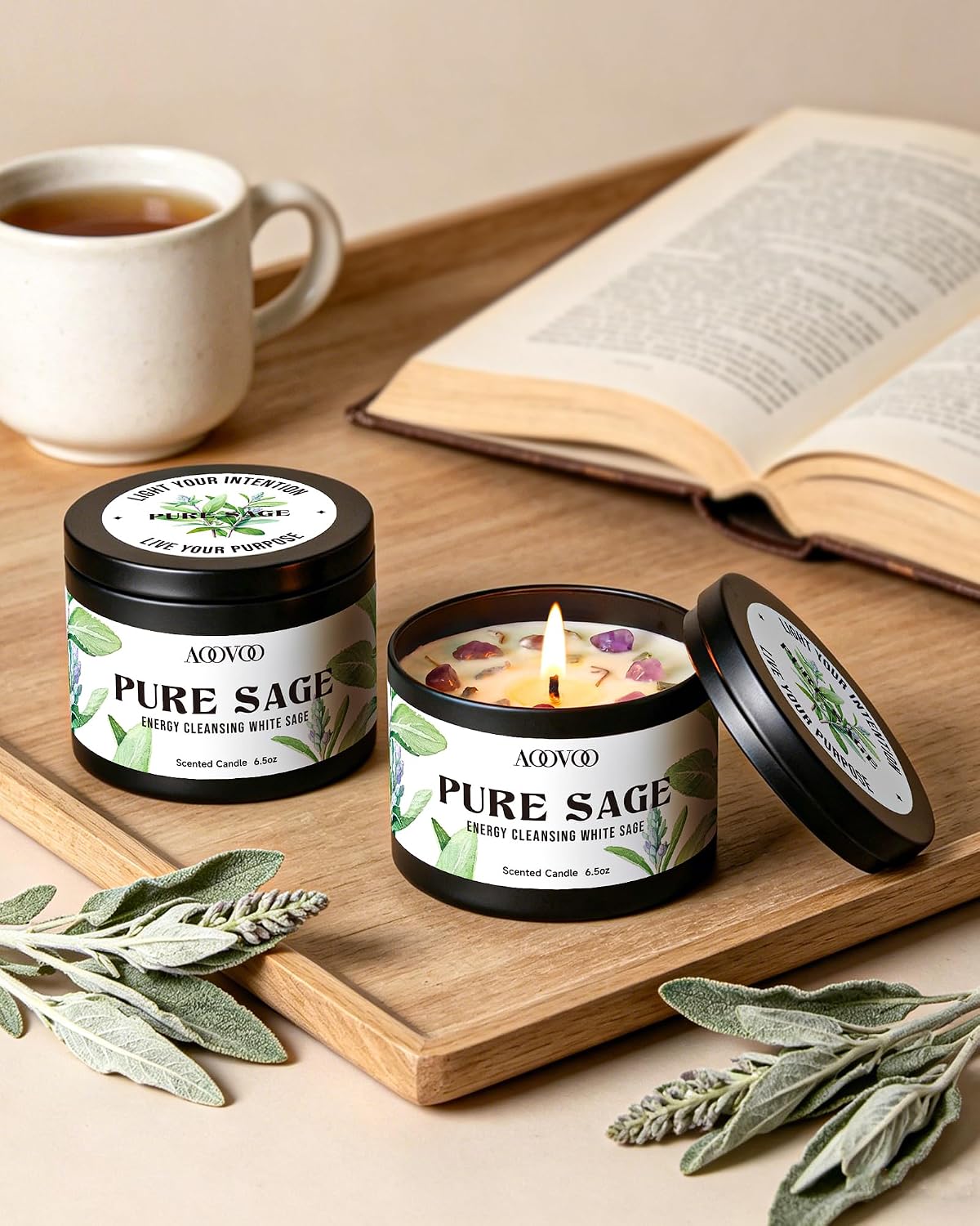 AOOVOO Sage Candle for Cleansing - 3 Wick 12oz Large Scented Candle with Crystals & Sage Leaves Inside, Soy Candles Non Toxic for Meditation Spiritual Gift, Aromatherapy Candle for Women Men