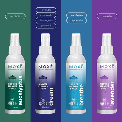 MOXĒ Eucalyptus Oil Shower Mist, Spa Steam Spray, Certified Natural 100% Essential Oils, Made in USA, Aromatherapy, Sinus Congestion Relief, Tension Relief, 4 Ounces