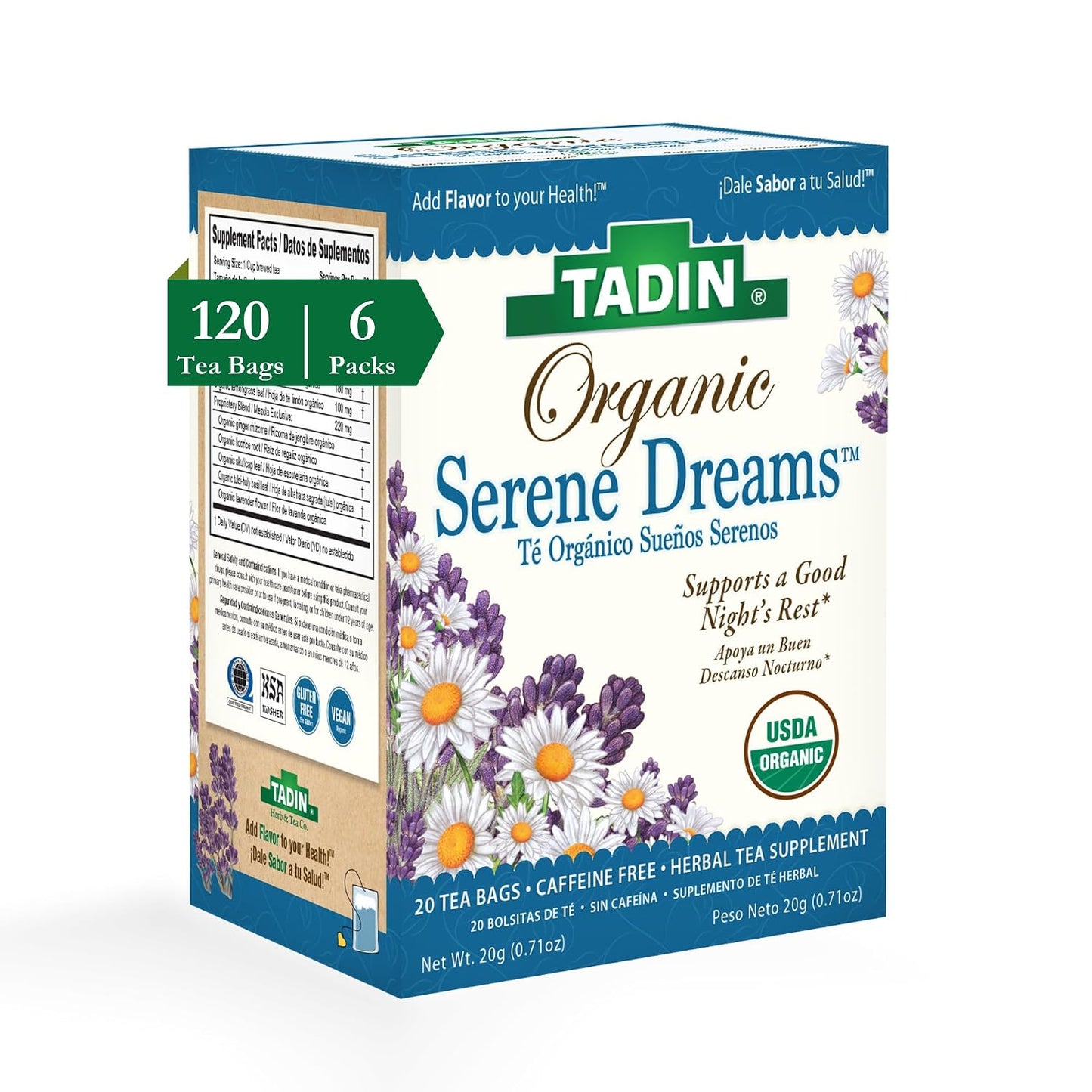Tadin Organic Chamomile Lavender Tea, Caffeine Free Herbal Tea to Promote Serenity, 20 Tea Bags Per Box, Pack of 6