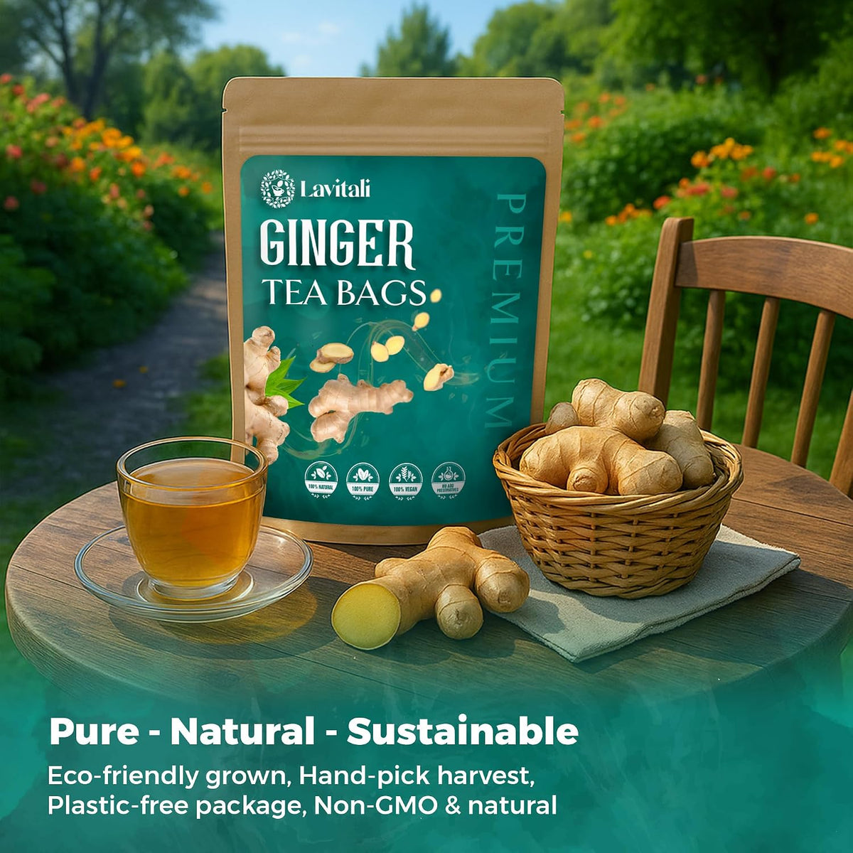 Lavitali, Ginger Tea Bags | 120 bags, 100% Pure Herbal Tea | Caffeine-Free, No Sugar, Eco-Friendly Filter Bags | Daily Natural Botanical, Hot or Iced Herbal Infusion