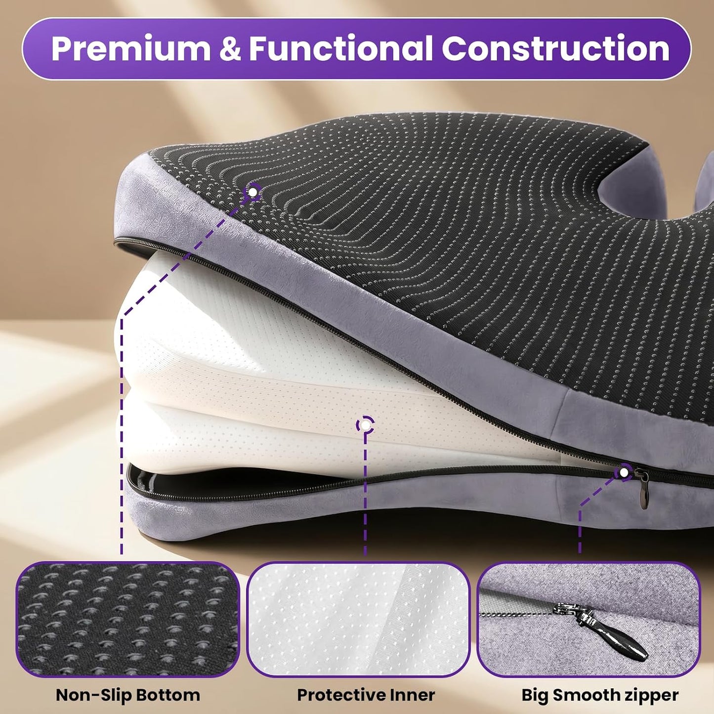 ZZ-WELL Seat Cushion for Office Chairs, Black, 21.2 Inches | Coccyx Cushion for Tailbone Pain, Memory Foam, Extra Large Thick, Patented Pressure Relief, Computer Gaming Chair