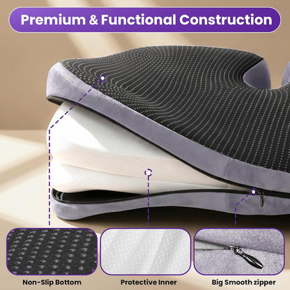 ZZ-WELL Seat Cushion for Office Chairs, Black, 21.2 Inches | Coccyx Cushion for Tailbone Pain, Memory Foam, Extra Large Thick, Patented Pressure Relief, Computer Gaming Chair