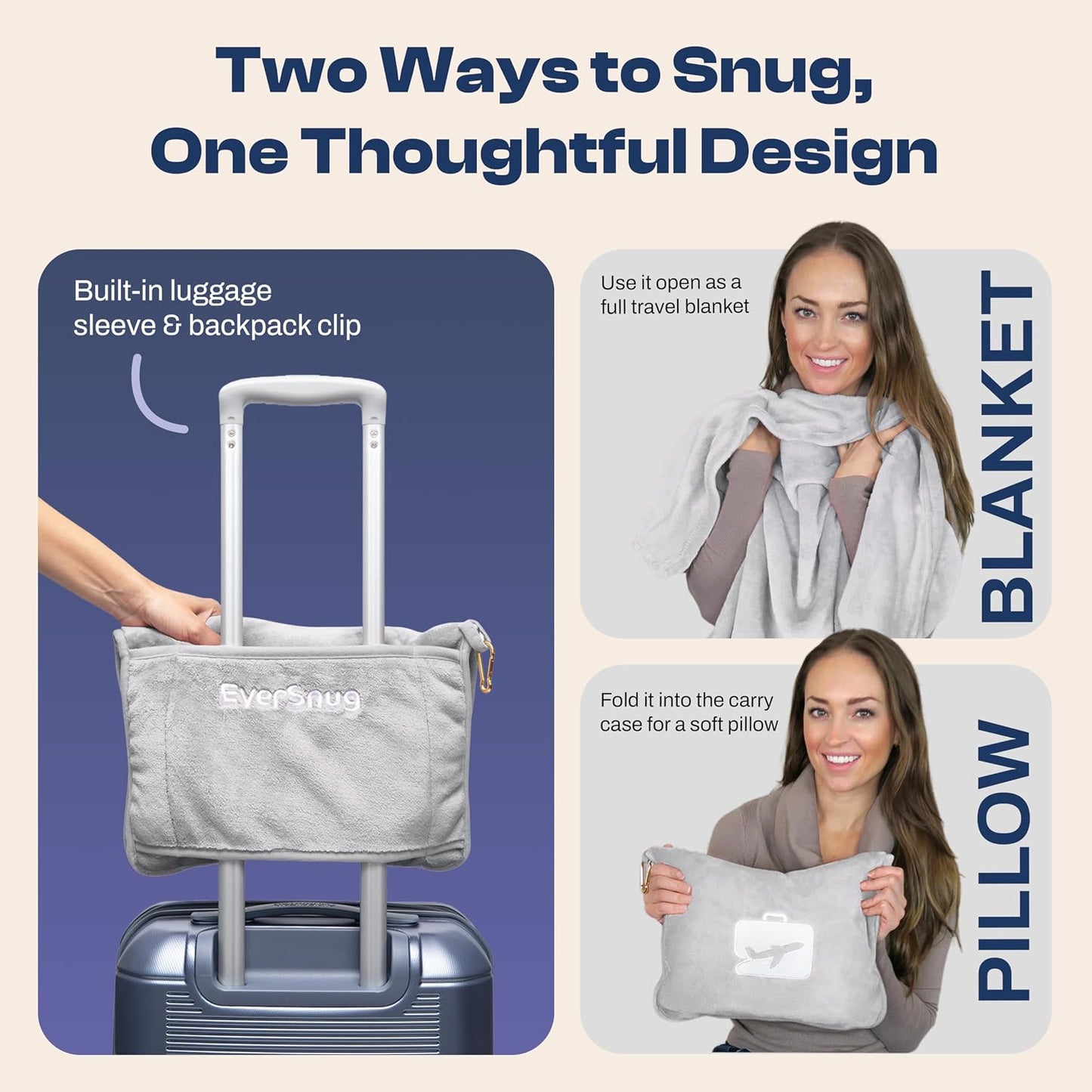 EverSnug Travel Blanket and Pillow - Premium Soft 2 in 1 Airplane Blanket with Soft Bag Pillowcase, Hand Luggage Sleeve and Backpack Clip (Grey)