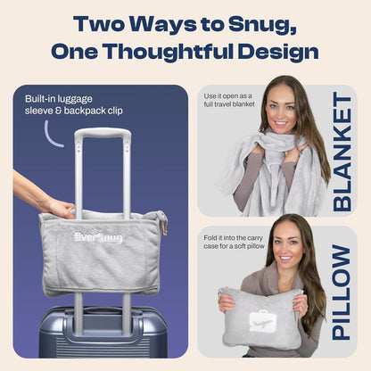 EverSnug Travel Blanket and Pillow - Premium Soft 2 in 1 Airplane Blanket with Soft Bag Pillowcase, Hand Luggage Sleeve and Backpack Clip (Grey)