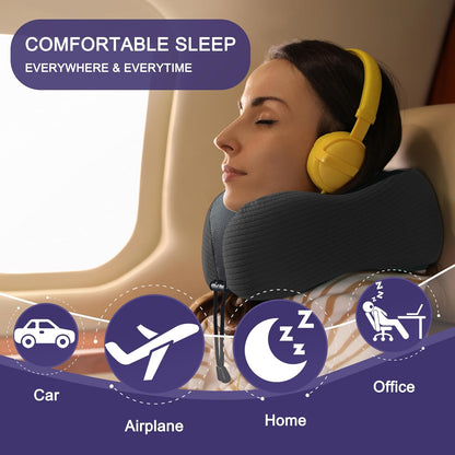 napfun Neck Pillow for Traveling, Upgraded Travel Neck Pillow for Airplane 100% Pure Memory Foam Travel Pillow for Flight Headrest Sleep, Portable Plane Accessories, Light Grey