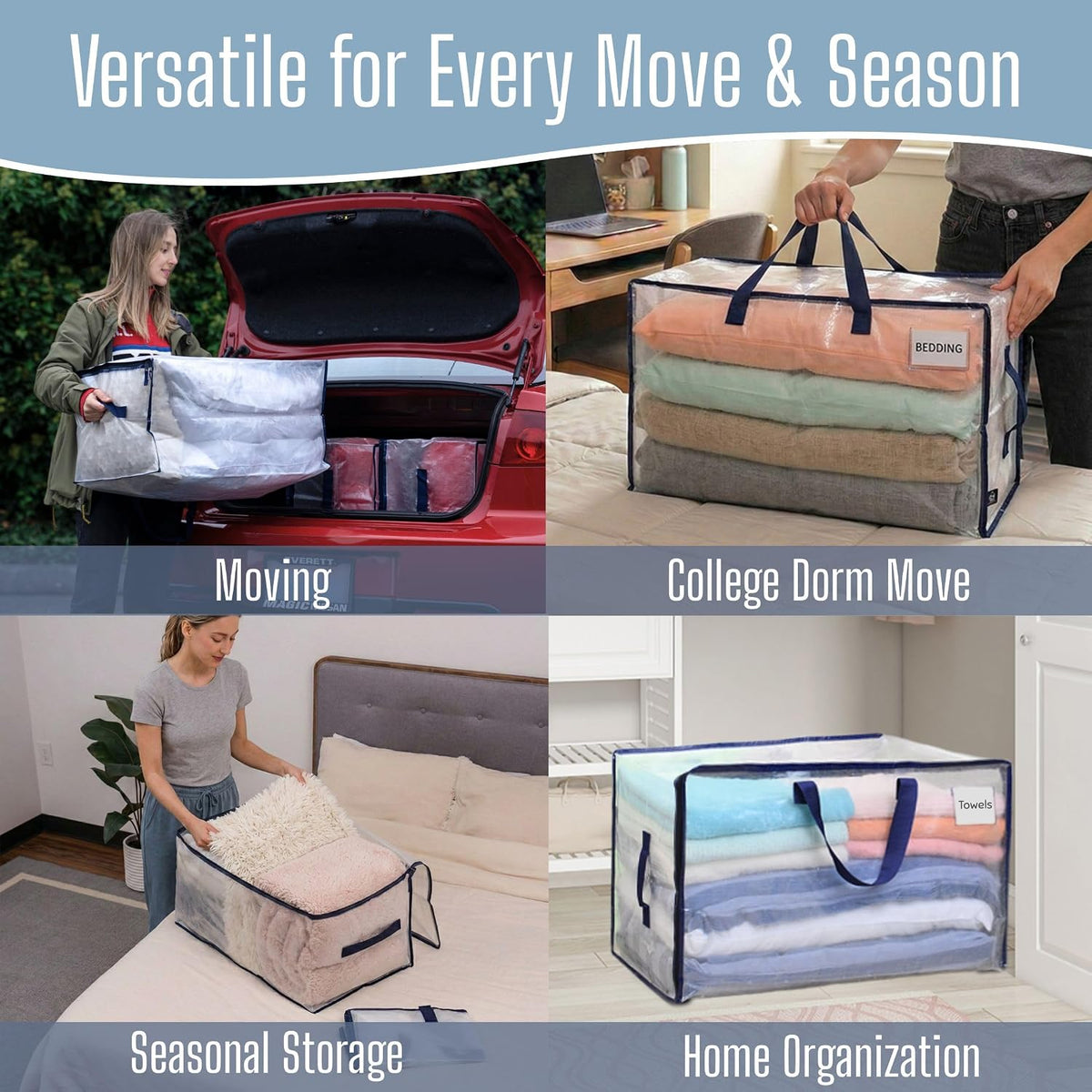 VENO Clear Extra Large Moving Bags & Storage Totes, Heavy Duty Organizer with Reinforced Handles & Strong Zippers for Clothes, College Dorm Essentials, Moving Supplies