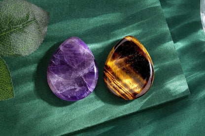 2PCS Worry Stone for Anxiety Tigers Eye Amethyst Healing Crystals Hand Thumb Stones Pocket Gemstones Meditation Accessories Oval Crystal Natural Relax Palm Stone Anxiety Relief Items Stocking Stuffers