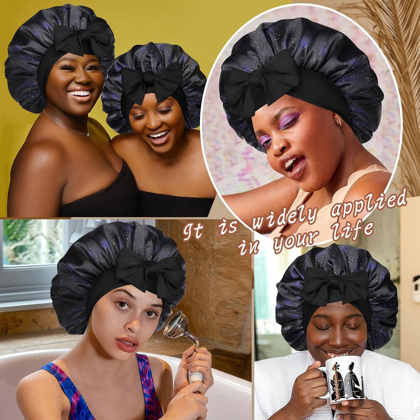 Satin Bonnet for Sleeping Cap Double Layer Hair Bonnet with Elastic Tie Band for Curly Hair Night Cap (Bean Paste + Pink)