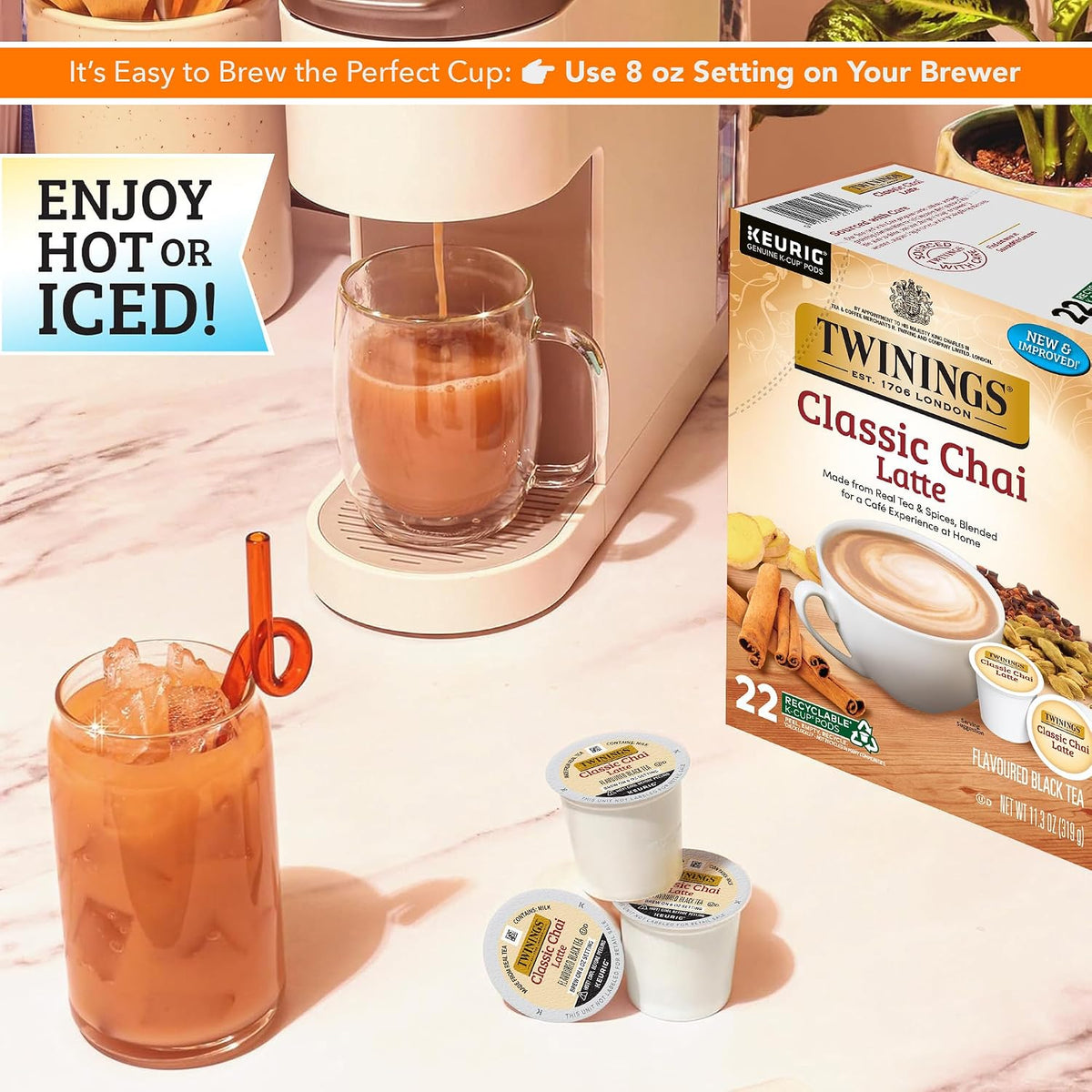 Twinings Chai Latte Black Tea K-Cup Pods for Keurig, 22 Count (Pack of 1), Creamy, Slightly Sweet, Less Sugar, Caffeinated, Enjoy Hot or Iced