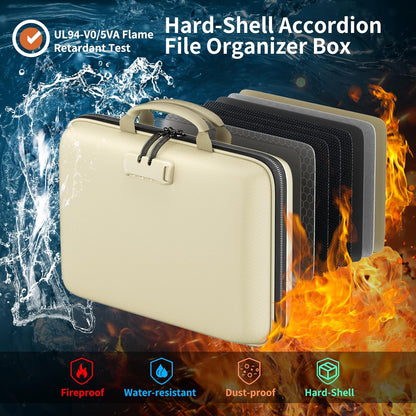 DocSafe Fireproof File Organizer with Lock, Hard-Shell Case Fireproof Document Box with 13 Pocket Accordion File Folder, Portable Home Office Travel Safe Storage for Important Documents Laptop Beige