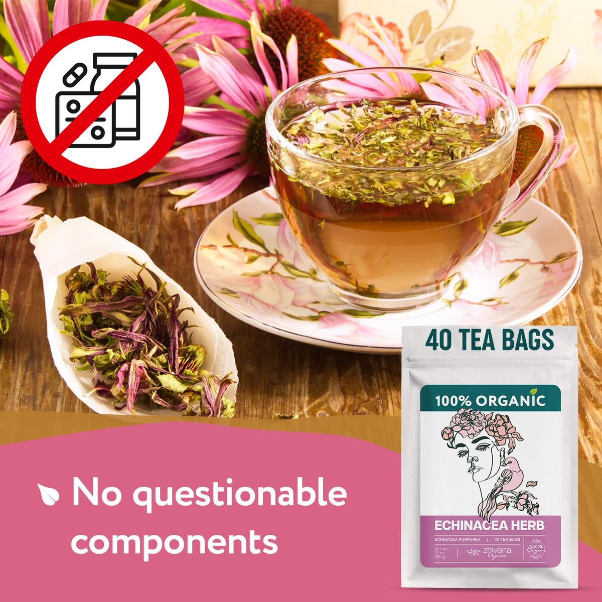 Echinacea Tea Organic (40 Bleach-Free & Microplastic-Free TeaBags) - Natural Immunity Support