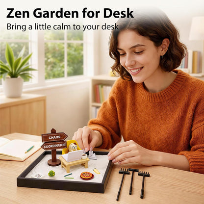 Zen Garden Funny Mini Desktop Decor Sand Box Kit Accessory Stress Relief Gifts for Office Coworkers, Friends, Family