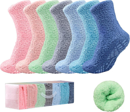 Bulinlulu Fuzzy Socks with Grips Plush Sleep Cozy Winter Soft Hospital Fluffy Socks for Womens Mens Gifts