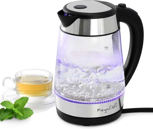 MegaChef Electric Watter Boiler/Tea Kettle (Glass, Silver, 1.8 Liter)
