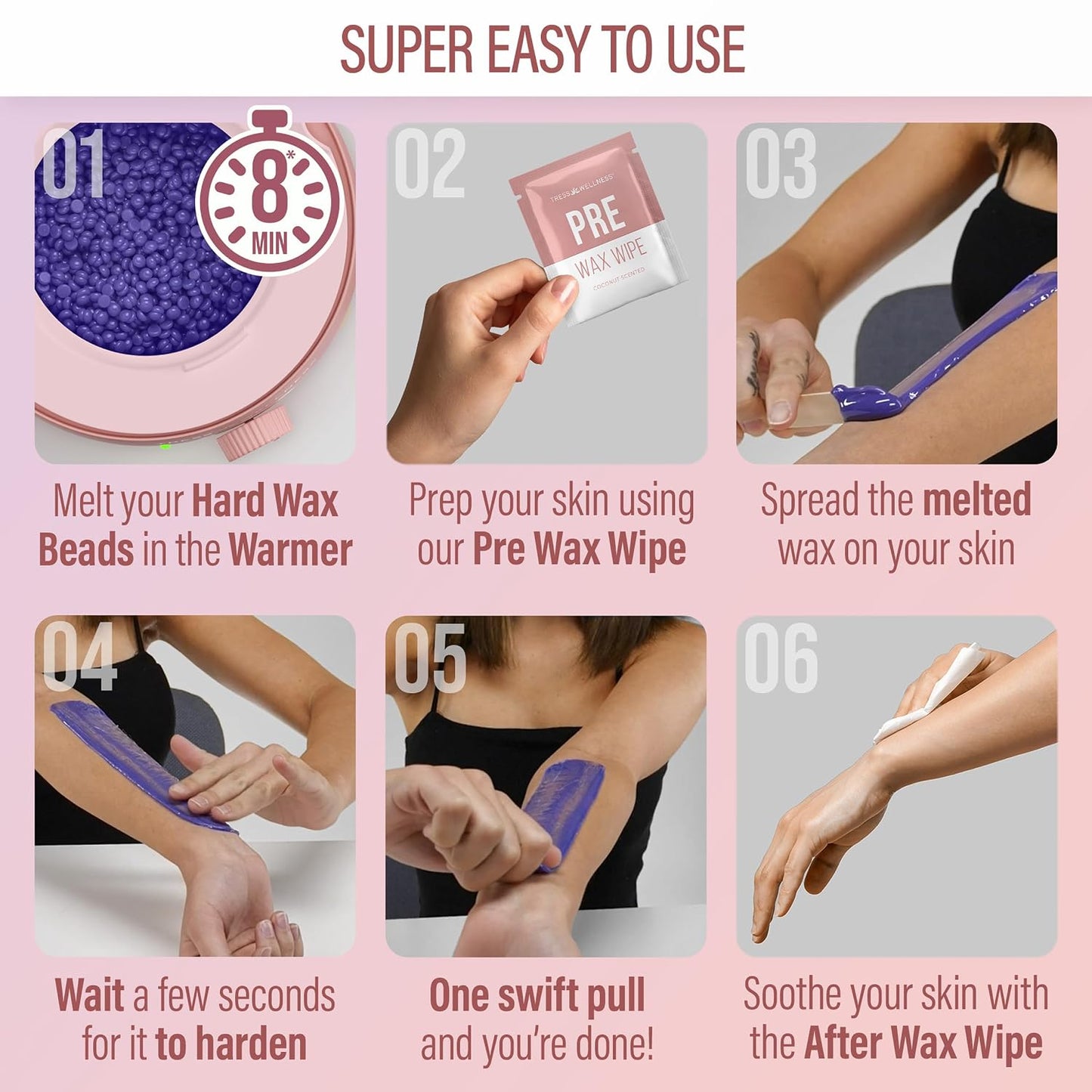 Tress Wellness Award Winning Waxing Kit for Sensitive Skin, Safe for Face & Skin, Easy to Use, At-Home Kit for Face, Bikini, Brazilian & Full Body - Digital Display, Black Purple Flower