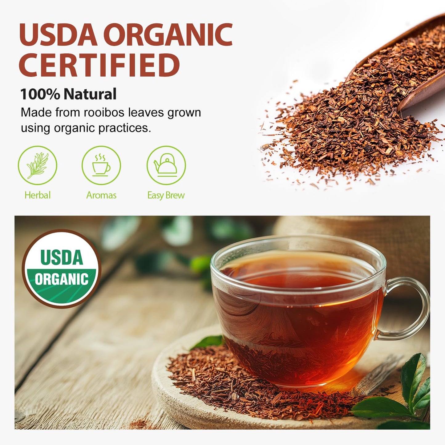 Soeos Organic Rooibos Tea, 100 Teabags, Naturally Caffeine Free, USDA and Non GMO Certify, Smooth and Robust Flavor, Excellent for Hot or Iced Brew, 9oz (250g)