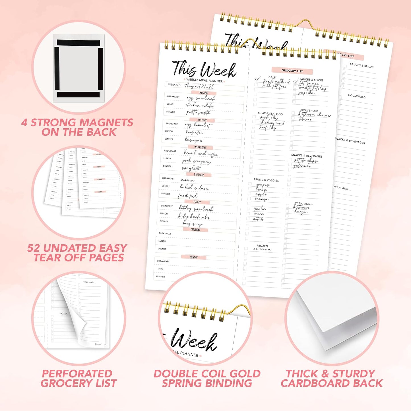 Decorably 52 Sheets Pastel Undated Magnetic Weekly Meal Planner and Grocery List Notepad with 4 Strong Magnets - 8.5x11in Spring-Bound, Refrigerator Mountable, Easy Tear-Off Design