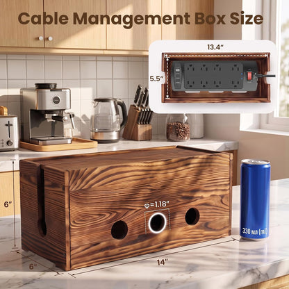 Large Cable Management Box Wooden Cord Organizer Box for Power Strip, Surge Protector, Extension Cords, Chargers & Wires, Cable Hider Box for Desk