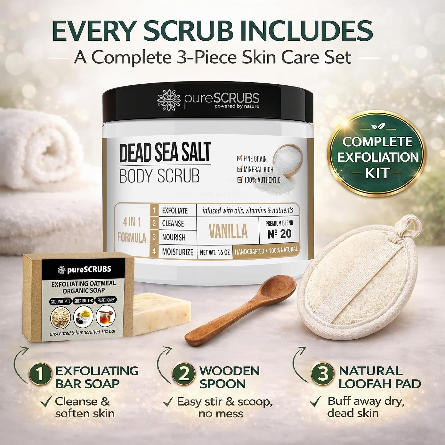pureSCRUBS Premium Cucumber Body Scrub Set, Exfoliating Dead Sea Salt Scrub