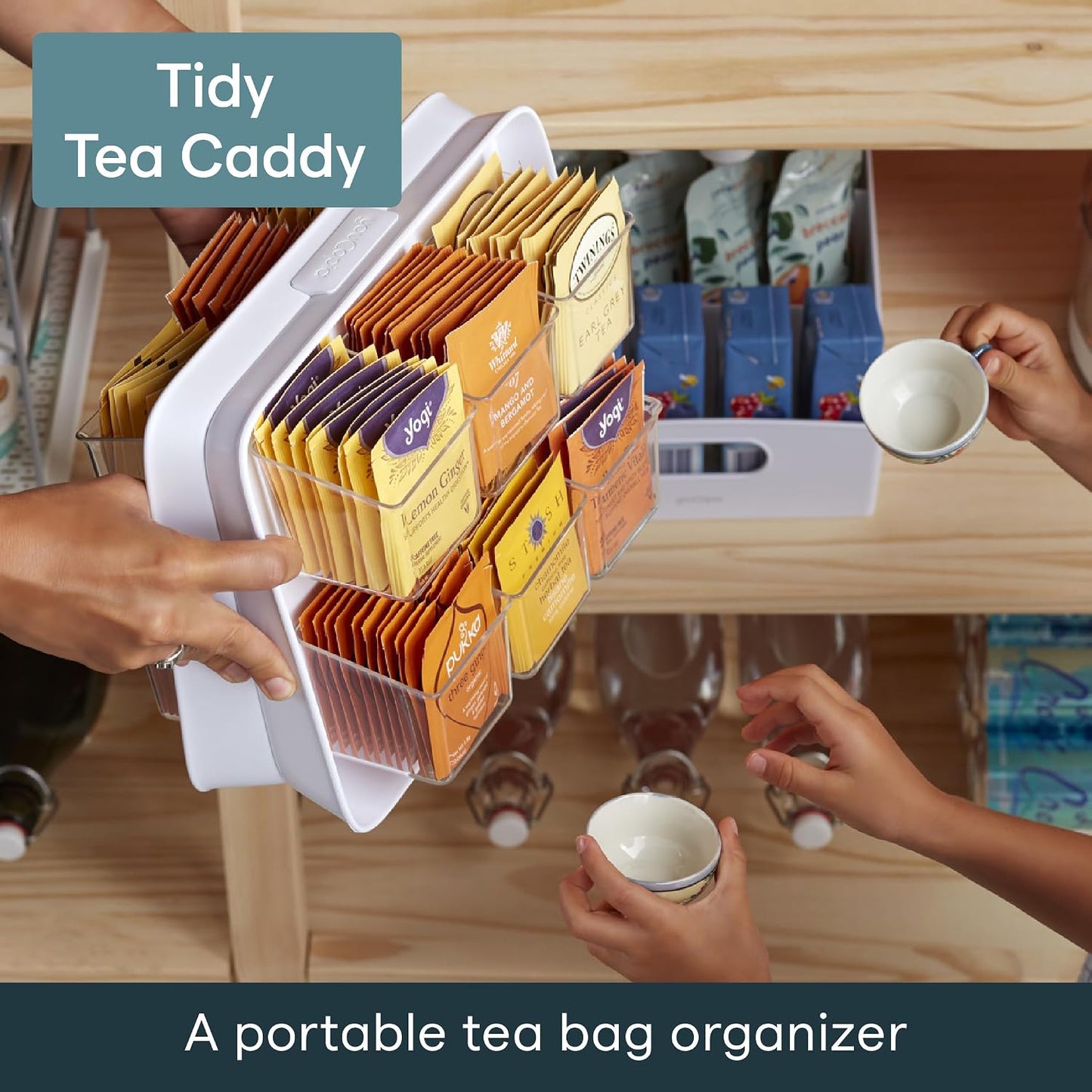 YouCopia TeaStand Tea Bag Organizer with Clear Removable Bins, Cabinet or Pantry Storage Caddy, 80-Bag