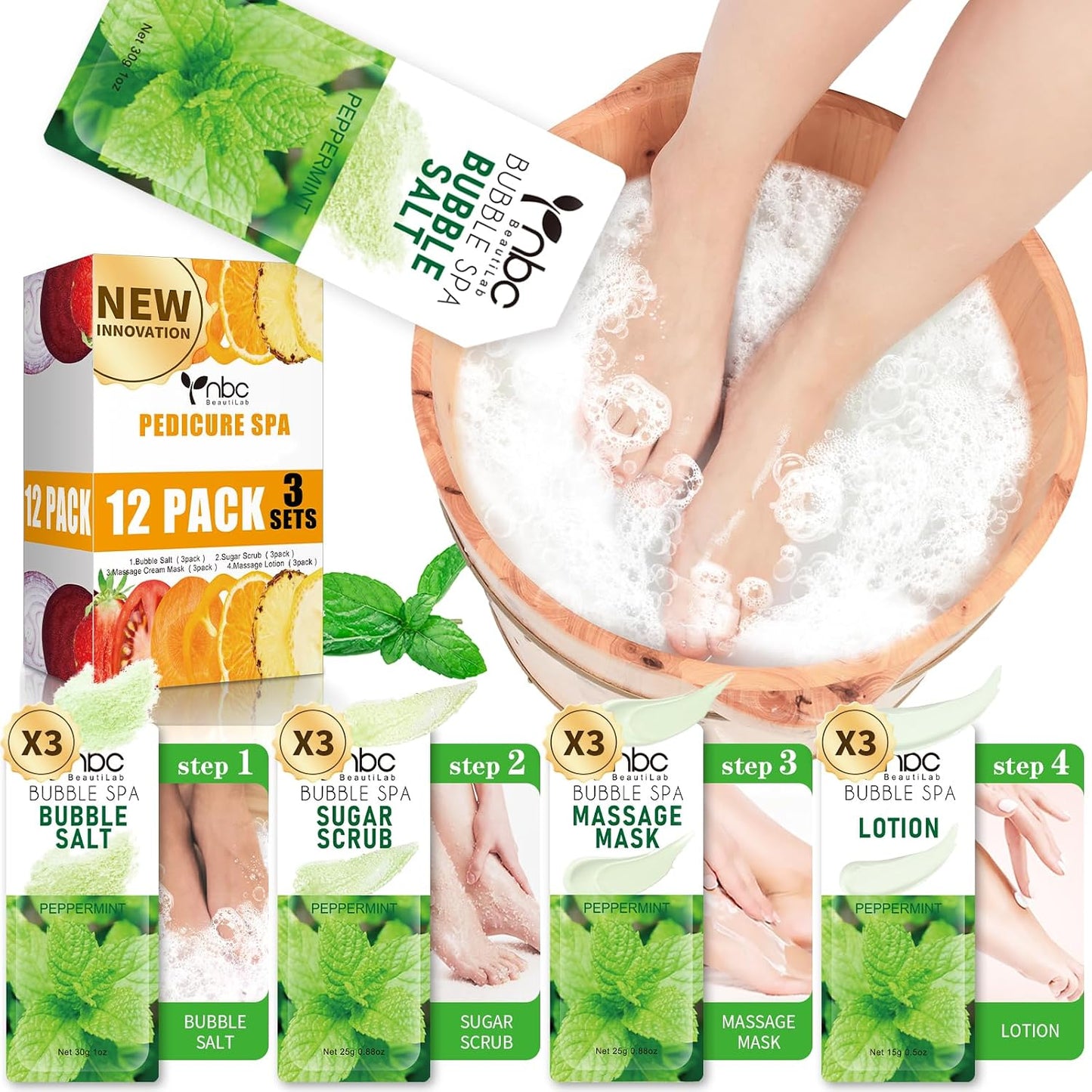 Pedicure Kit Foot Soak Set: Bubble Salt, Sugar Scrub, Massage Mask, Massage Lotion in a Box, 4 Step Foot Spa Kit for Dry Feet, Softens Calluses, Tired Feet（3 Set Lavender) - Colors B