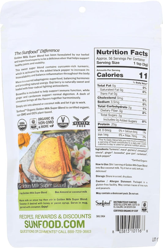 Sunfood Superfoods Organic Golden Milk Super Blend - Turmeric Latte Powder Mix with Ginger, Black Pepper, Cinnamon & Cardamom Spices, Vegan, USDA Organic, Gluten Free - 6 oz