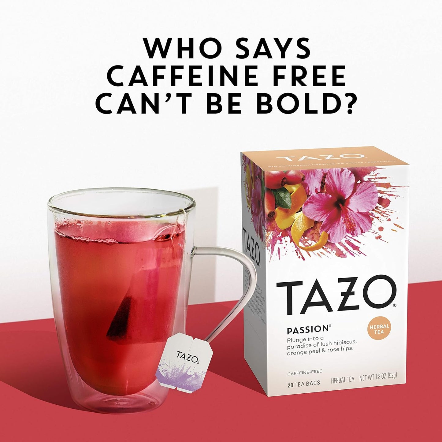 TAZO Passion Herbal Tea Bags, Hot or Iced, Caffeine Free, 20 Total Tea Bags
